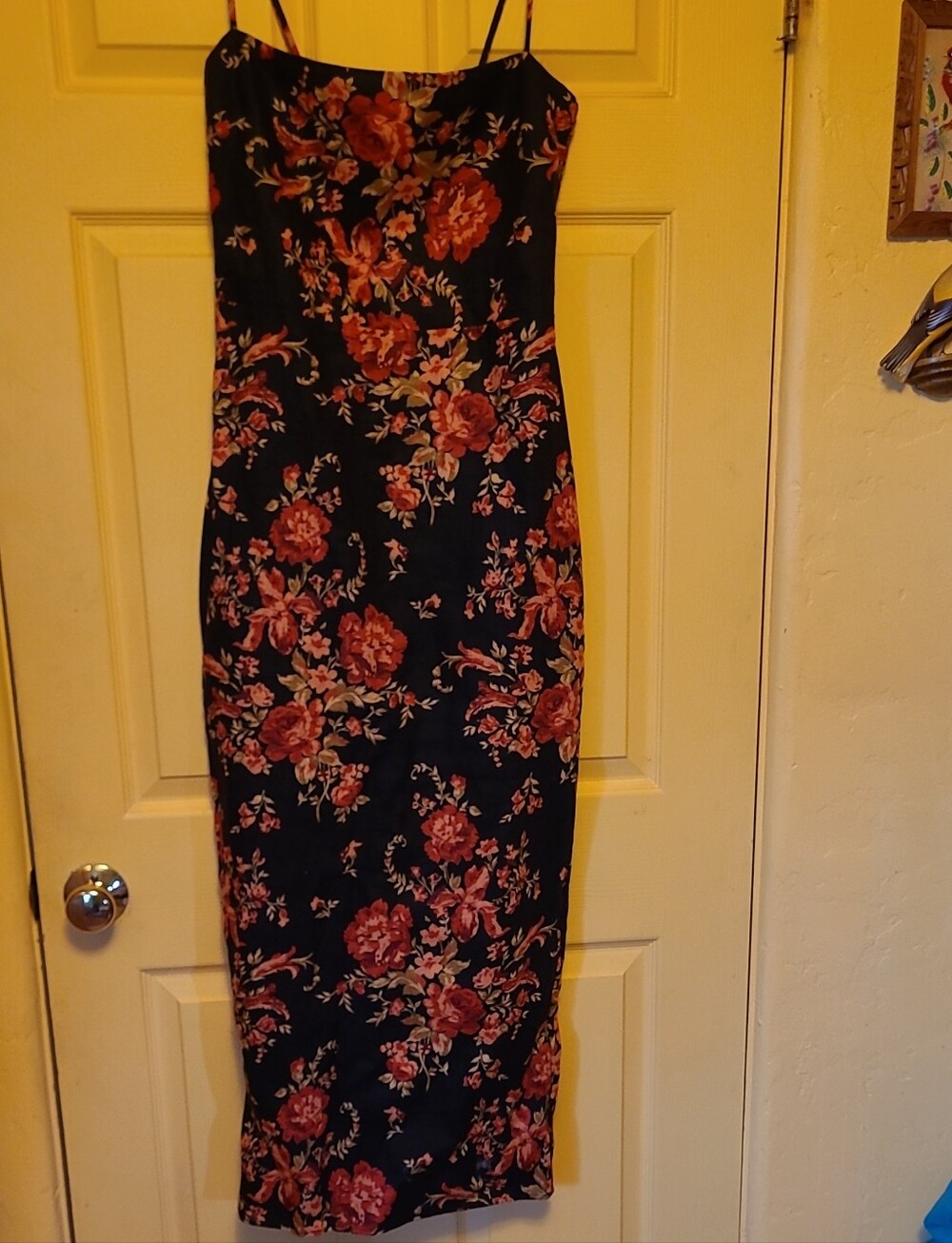 Reformation 100% Linen Black Midi Dress with Red/Orange Floral Print